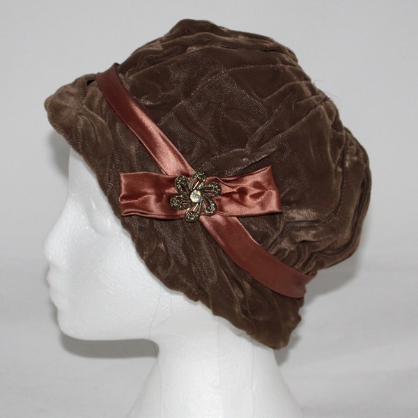 Vintage Hat, Women's Brown Velvet Cloche with Rhinetone Pin, 1950's