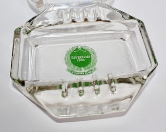 Vintage RIVERTON COUNTRY CLUB Clear Glass Advertising Ashtray Cinnaminson New Jersey