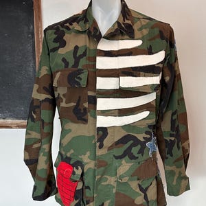 Vintage Upcycled Military Jacket “War and Peace” with Hand Embroidered Peace Sign and Appliqué Designs