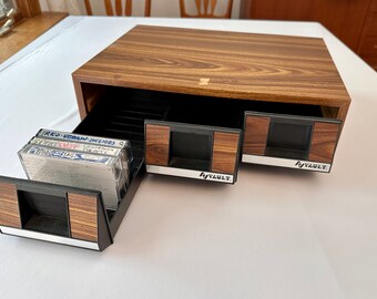 Vintage WOOD and PLASTIC Cassette Tape storage drawer 1970's 80's holds 42 tapes made by AvVault