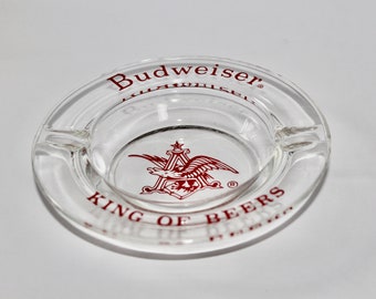 Vintage BUDWEISER King Of BEERS clear glass ashtray advertising breweriana