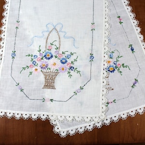 May include: A white rectangular table runner featuring embroidered flower baskets in shades of blue, pink, and green. The runner is bordered by a delicate white crocheted lace trim and includes a thin black stitched outline surrounding the floral design.