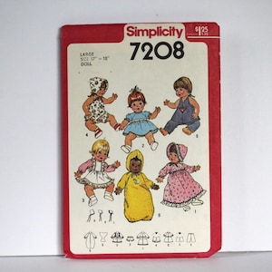 Vintage Doll Sewing Pattern Simplicity 7208 for 17-18 Inch Dolls Copyright 1978 Doll Clothes Pattern