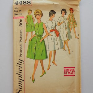 1960s Sewing Pattern Simplicity 4488 Women&#39;s Size 14 A-Line Dress with Patch Pockets and Coat or Housecoat  | Vintage Sewing