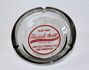 Vintage TADICH GRILL Clear Smokey Glass Advertising Ashtray San Francisco CALIFORNIA