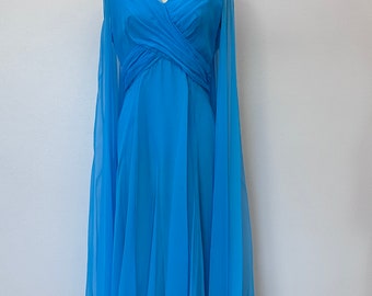 Vintage Dress Teal Floor Length Sleeveless With Sheer Draping Cape Approx Size 6 / 8