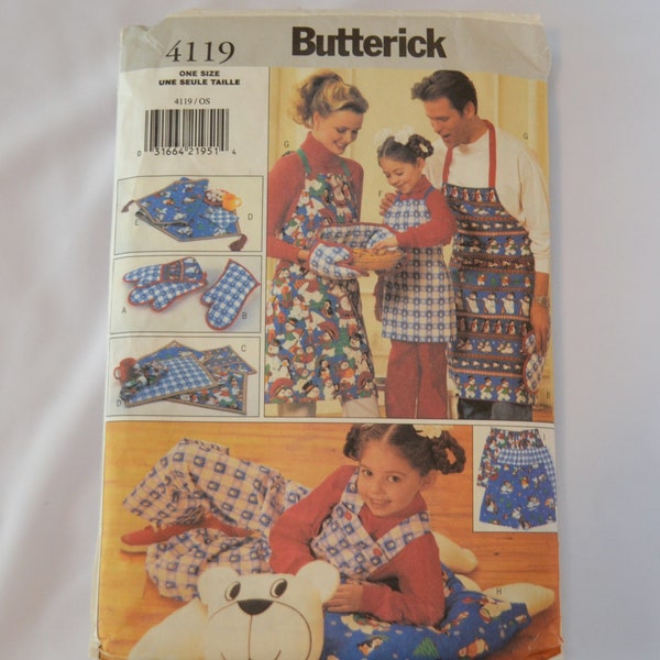 Ensemble cadeau motif Butterick 4119 vintage pour cocotte et mitaine de four, sets de table, serviettes de table, chemin de table, taie d'oreiller, short et tablier