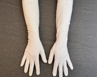 Vintage WHITE Women's Formal Gloves Elbow Length ruched opera gloves