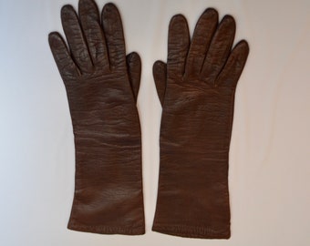 Vintage BROWN Leather Gloves Size 6 mid length Silk Lined made in western germany