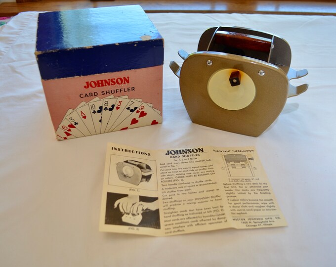 Vintage JOHNSON CARD SHUFFLER Metal Wood Made in Usa 1950's 60's With