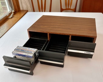 Vintage TDK WOOD and PLASTIC Cassette Tape storage drawer 1970's 80's holds 36 tapes