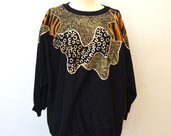 on sale Vintage Women's Sweatshirt Black and Animal Print with Gold Glitter Size 44 New Old Stock NWT Made in USA