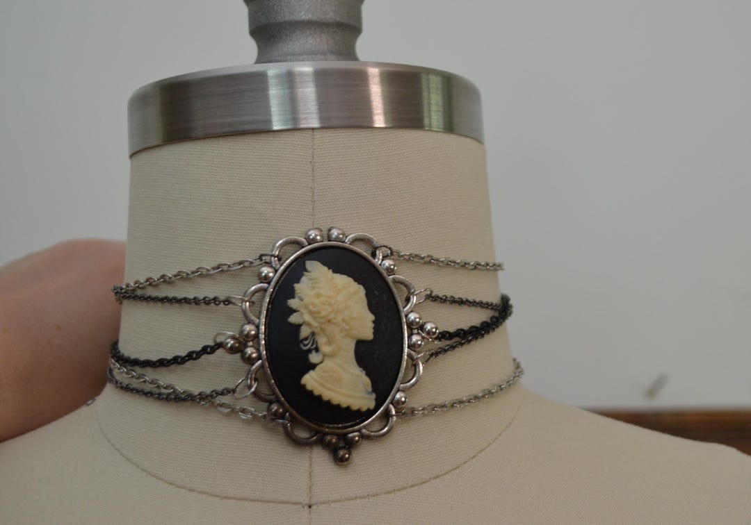Vintage Cameo Choker Necklace Black and White Silhouette With Silver ...