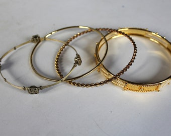 Vintage Bracelet Lot Four Gold Bangle Bracelets Fleur de Lis and Rope Style