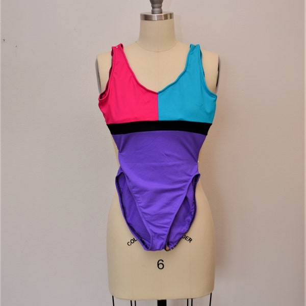 last chance Vintage Women's Swimsuit One Piece Purple Teal and Pink Gilda Marx Made in USA Size S