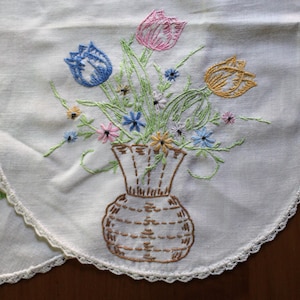 Vintage Hand Embroidered Table Runner Flower Vase and Tulip Design | Housewarming Gift | Gift for Her