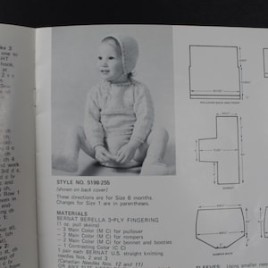May include: A black and white photograph of a baby wearing a knitted outfit, including a bonnet and romper. The image is from a vintage knitting pattern, with diagrams and instructions on the right side of the page.