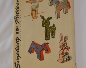 Vintage Pattern Simplicity 4815 Stuffed Bunny Rabbit, Deer, Pony, and Dog 1940s or 1950s Stuffed Toys