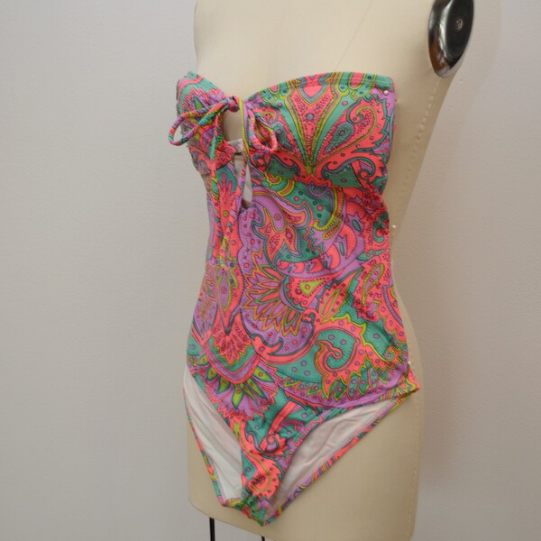 last chance Vintage Paisley Women's Swimsuit One Piece Strapless Size Large Beaded Detailing