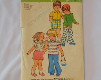 Vintage Sewing Pattern Simplicity 5706 Toddler Shirt, Shorts, and Bell Bottom Pants for Stretch Knits Copyright 1973 Size 2