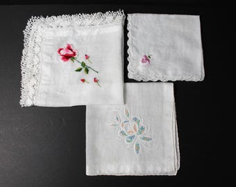 on sale Vintage Lot of 3 Hankies | White with Flowers | Embroidered Handkerchiefs