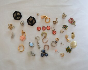 Vintage Lot of 34 Earrings - Pairs and Mismatched Clipped and Pierced Earrings