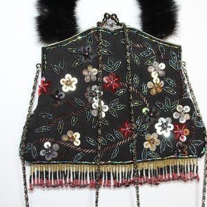 last chance Vintage Black Beaded Handbag by Zinman with Fur Handle and Beaded Fringe