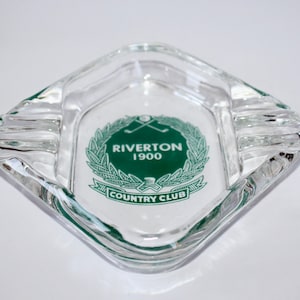 Vintage RIVERTON COUNTRY CLUB Clear Glass Advertising Ashtray Cinnaminson New Jersey image 1