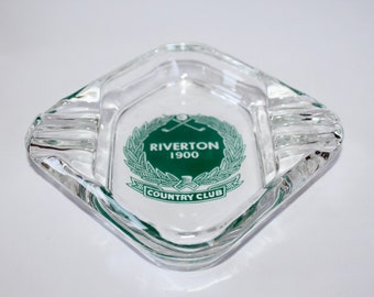 Vintage RIVERTON COUNTRY CLUB Clear Glass Advertising Ashtray Cinnaminson New Jersey