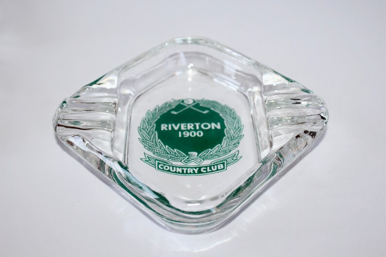 Vintage RIVERTON COUNTRY CLUB Clear Glass Advertising Ashtray Cinnaminson New Jersey image 1