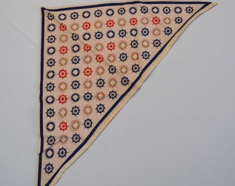 Sciarpa vintage a bandana nautica con triangolo beige, blu scuro, blu e rosso