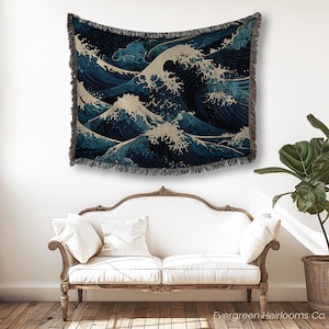 100% Cotton Woven Throw Blanket | Hokusai Wave Woven Blanket | Japanese Wave Art | Textural Ocean Art | Trending Coastal Home Decor