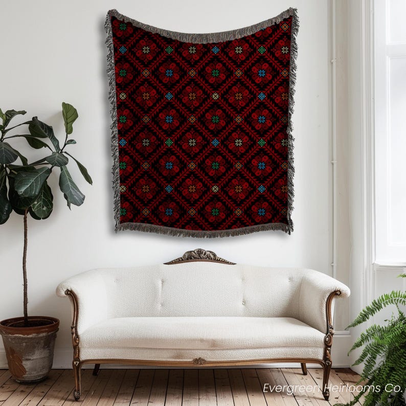 tatreez woven blanket, Palestinian throw blanket, Zahra tatreez blanket, cotton tatreez throw, traditional Palestinian textile, boho woven blanket, fringe cotton throw, cultural couch blanket, Middle Eastern decor, Palestinian heritage gift, bohemian tatreez blanket, tatreez home decor, handmade look blanket, cotton ethnic throw, Arabic design blanket, sofa throw Palestinian, folk art woven blanket, tatreez inspired decor, Palestinian cotton tapestry, artisanal couch throw