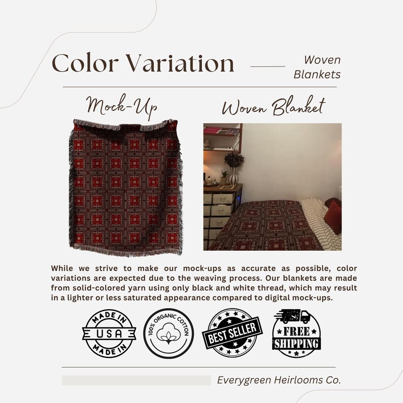 The image is a collage of two images, one depicting a mock-up of a woven blanket and the other showing a real woven blanket. The text in the image discusses color variation and the process of making mock-ups, emphasizing that color variations are expected due to the weaving process and that the blankets are made from solid-colored yarn using only black and white thread, which may result in a lighter or less saturated appearance compared to digital mockups.