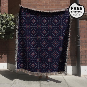 100% Cotton Woven Throw Blanket | Vintage Persian Rug Inspired Pattern | North African Cultural Boho Decor | Tapestry Wall Hanging Gift