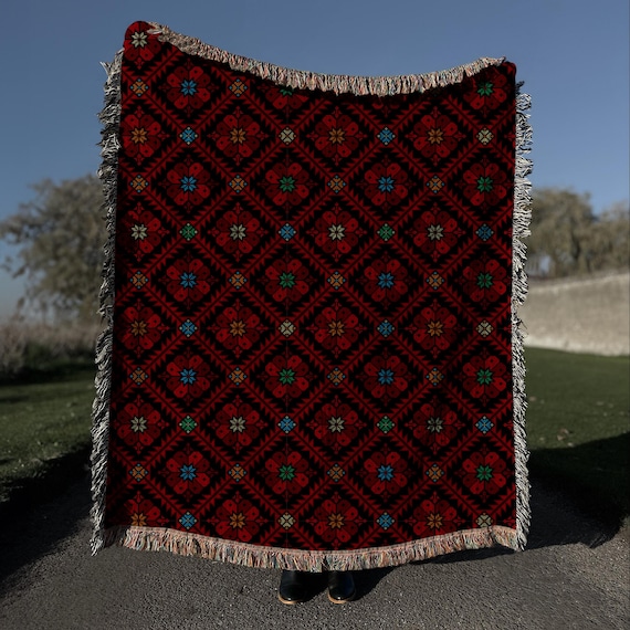 100% Cotton Zahra Traditional Tatreez Woven Blanket | Middle Eastern Decor | Palestinian Home Decor Gift