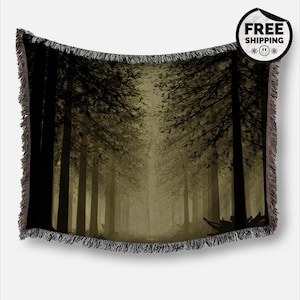 100% Cotton Woven Throw Blanket | Woodland Forest Path Nature | Rustic Nature Cabin Cottagecore Decor | Fringe Tapestry Wall Hanging Gift
