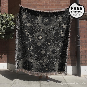 100% Cotton Woven Throw Blanket | Mystical Moon Phases Throw Blanket | Celestial Astrology Art | Cosmic Moon Blanket Home Decor