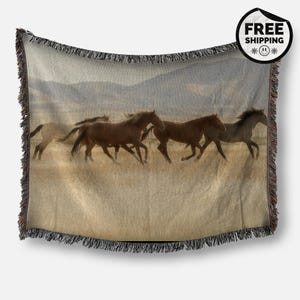 100% Cotton Wild Horses Woven Blanket | Rustic Western Throw | Running Horses Landscape Decor | Woven Wall Tapestry