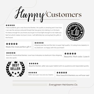The image is a promotional image featuring a handmade, colorful blanket with a satisfaction guarantee. It showcases the blanket's quality and craftsmanship, highlighting its perfect gift-like appearance and the ease of use as a tapestry in a bedroom. The image also includes a thumbs up symbol, indicating customer satisfaction with the product. The image is from the brand "Everygreen Heirlooms Co." and is described as a "handsome, rich color, love it" blanket.