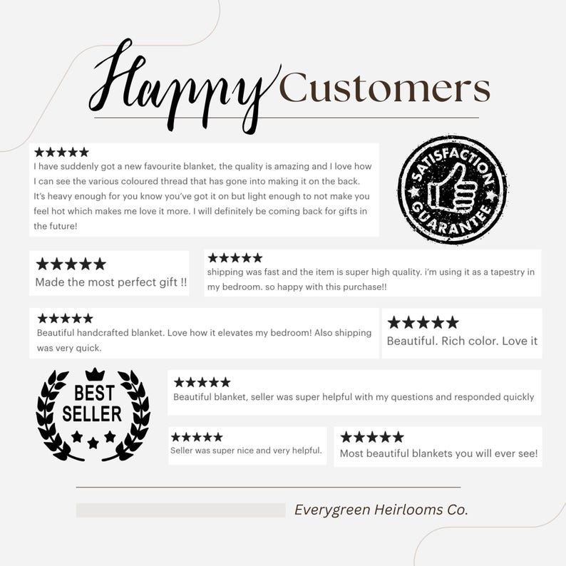 The image is a promotional image featuring a handmade, colorful blanket with a satisfaction guarantee. It showcases the blanket's quality and craftsmanship, highlighting its perfect gift-like appearance and the ease of use as a tapestry in a bedroom. The image also includes a thumbs up symbol, indicating customer satisfaction with the product. The image is from the brand "Everygreen Heirlooms Co." and is described as a "handsome, rich color, love it" blanket.