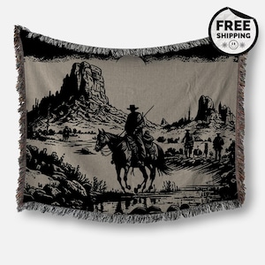 100% Cotton Western Cowboy Throw Blanket | Vintage Desert Scene Woven Wall Tapestry | Rustic Southwestern Decor | Cowboy Ranch Lover Gift