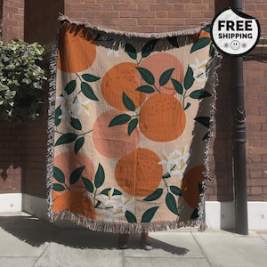 100% Cotton Woven Throw Blanket | Orange Grove Citrus Fruit Pattern | Vibrant Cottagecore Kitchen Decor | Fringe Tapestry Wall Hanging Gift