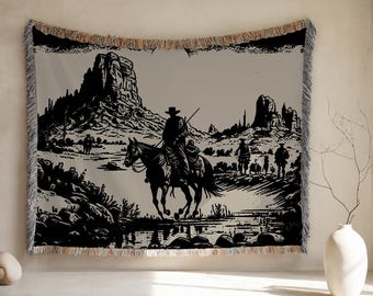 100% Cotton Vintage Western Cowboy Woven Tapestry | Rustic Southwestern Jacquard Throw