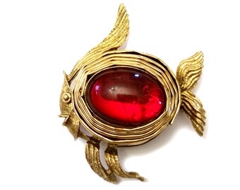 Rare Hattie Carnegie Fish Brooch, Gold Glass Brooch, Jelly Belly Fish Jewelry, Vintage Designer Costume Jewelry Unsigned Designer Animal Pin