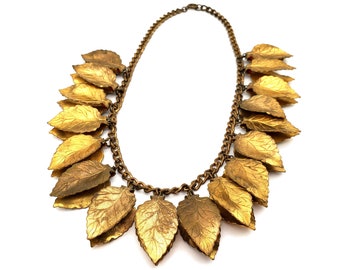 1930s Leaf Collar Necklace | Gothic Etched Brass | GIlded Metal Leaves and Chain | Antique Charm Necklace | 1930s Victorian Revival Necklace