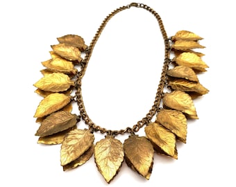 1930s Leaf Collar Necklace | Gothic Etched Brass | GIlded Metal Leaves and Chain | Antique Charm Necklace | 1930s Victorian Revival Necklace