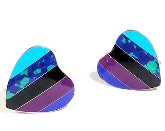 Sterling Gemstone Earrings - Vintage Mexican Silver Heart Earrings - Clip Ons - Designer Signed Jewelry - Turquoise Chrysocolla Lapis Stones