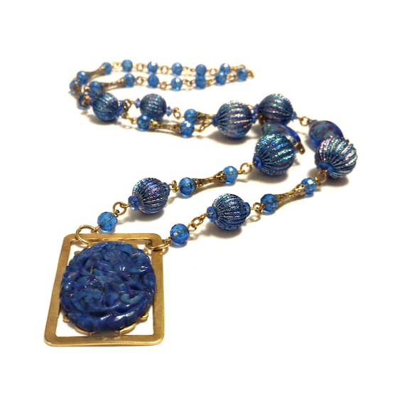 Mod Art Glass Necklace, Artisan Blue Lapis Jewelr… - image 1