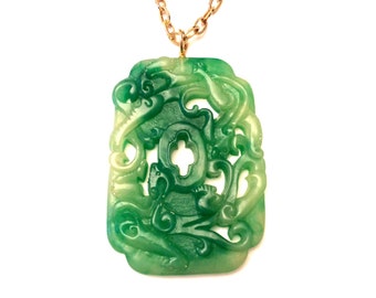 Coro Jade Necklace, Green Peking Jade Lucite Pendant Necklace, Designer Signed Jewelry, Coro Necklace, Molded Lucite Costume Jewelry Pendant